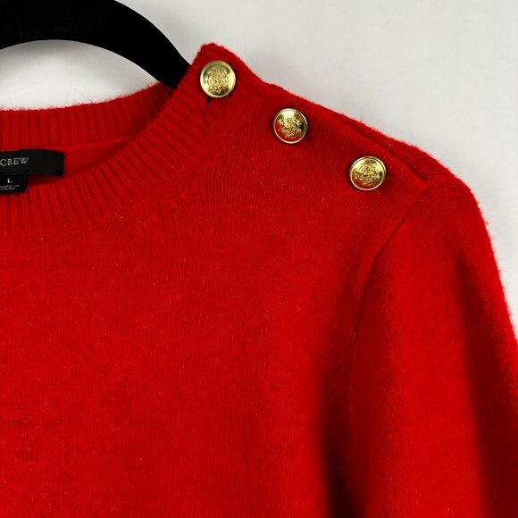 J Crew Crewneck Sweater 3 Gold Shoulder Buttons Bright Red Wool Mix Size L - Picture 2 of 7